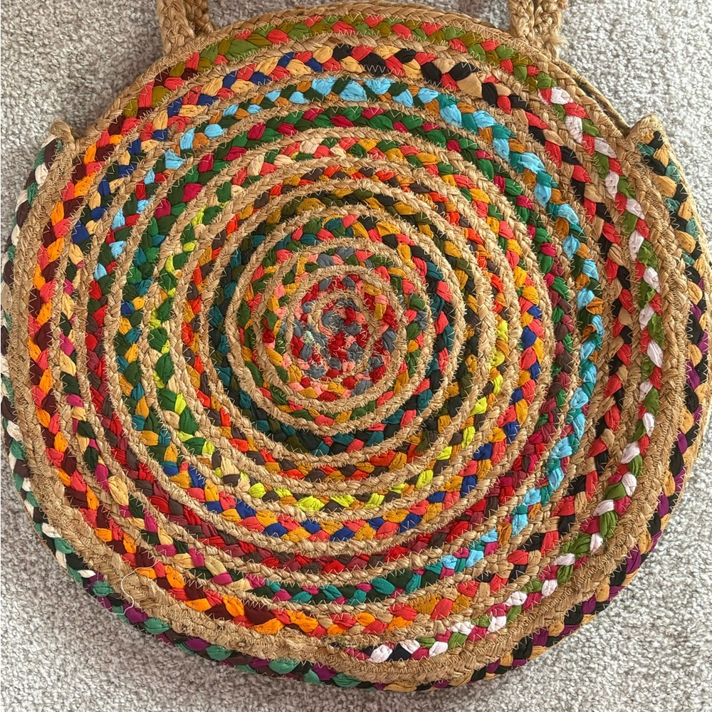 Boho Multicolor Woven Straw Round Tote Bag Large Market Beach Bag - Picture 2 of 7